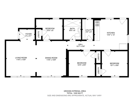 Floor plan for 3 beds, 1 bath, 1000 sqft